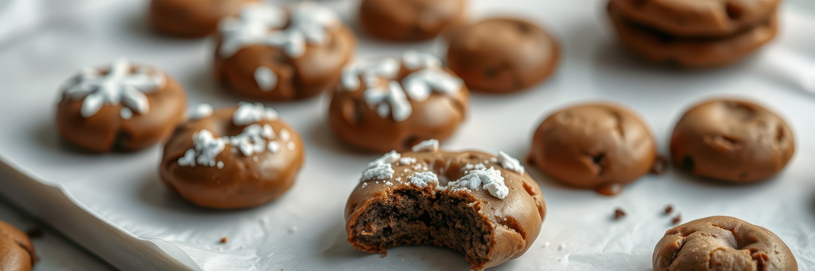 Delicious freshly baked cookies arranged on a table with one cookie taken a bite from